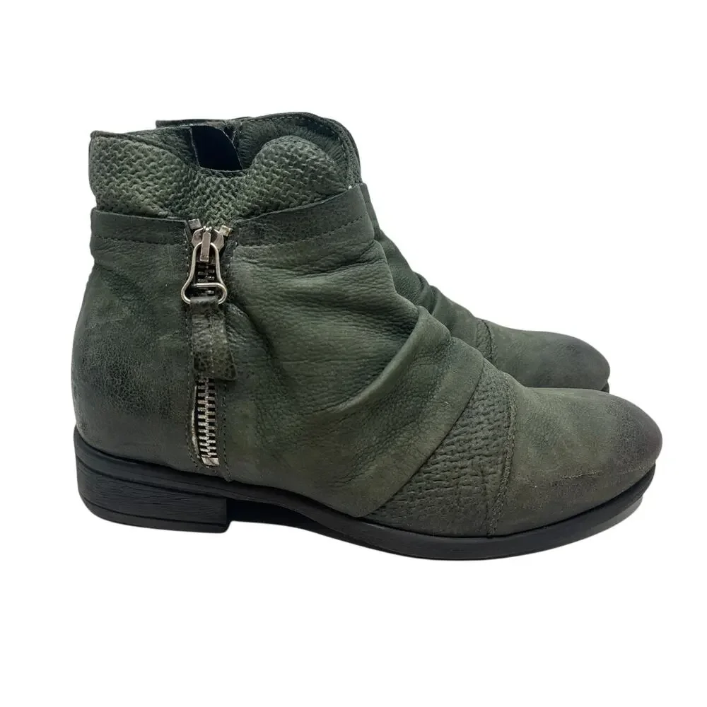 Miz Mooz Sunny Green Leather‎ Ankle Booties Boots Ruched Zip EU 36 US 6 Womens